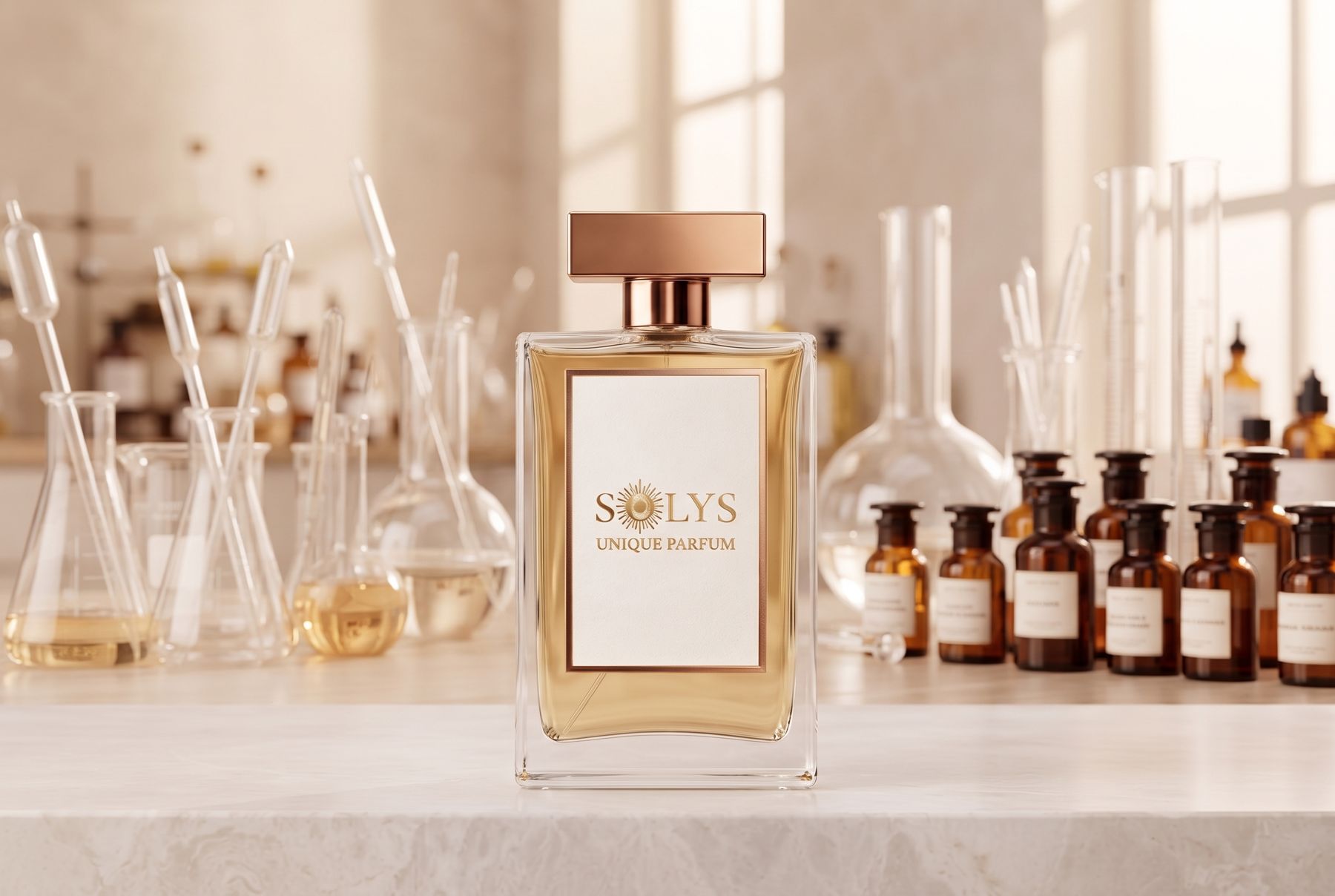 Bancada de perfumista com balões de vidro e frascos âmbar