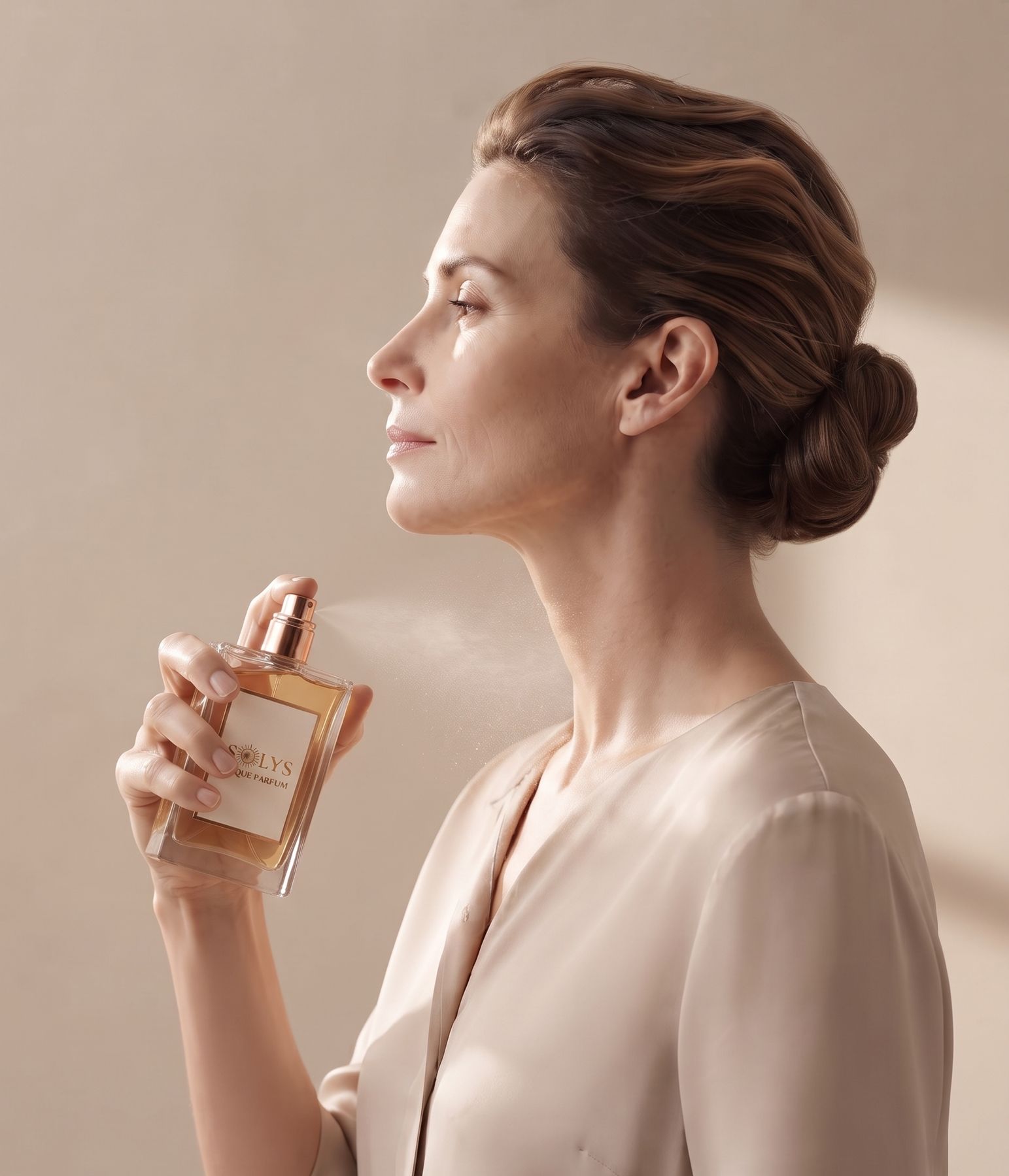 Mulher elegante borrifando perfume SOLYS no pescoço